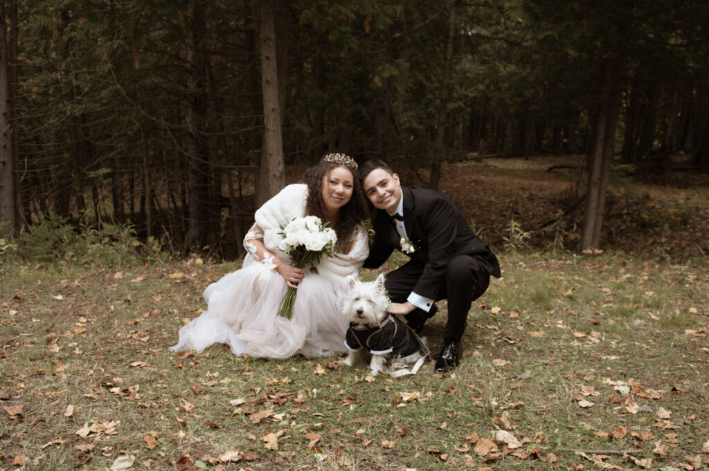 Manitoulin Island wedding photo of the happy couple and their dog. 