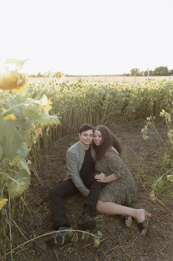Couple in field of sunflowers.
