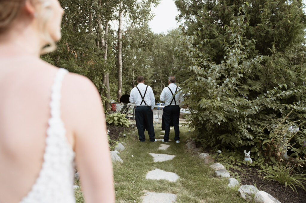 Sudbury Backyard Wedding first look with bride, her brother and father. 